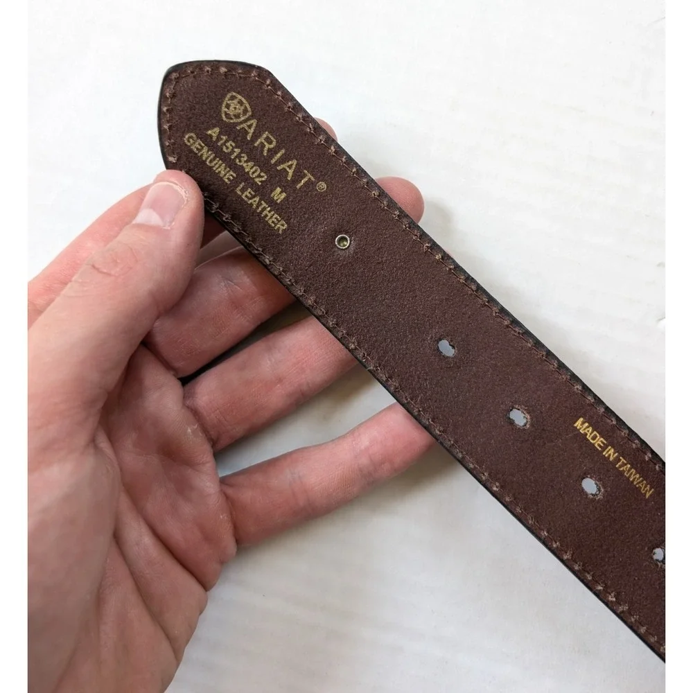 Womens Ariat Leather Belt Size Medium Brown Turquoise Inlay Floral Tooled
